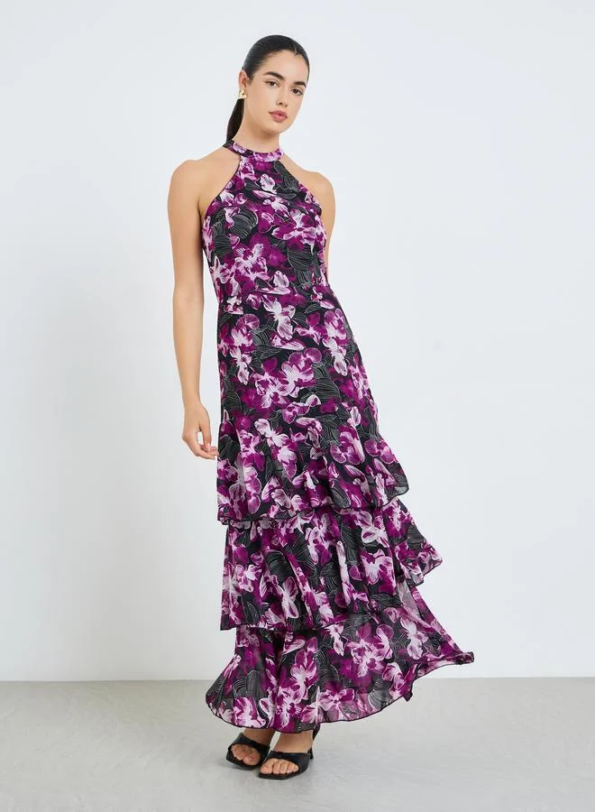 ستايلي فستان طويل بطبقات وطبعة أزهار للنساء